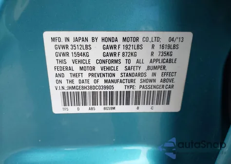 2013 Honda Fit из США, поврежденный, VIN JHMGE8H38DC039905